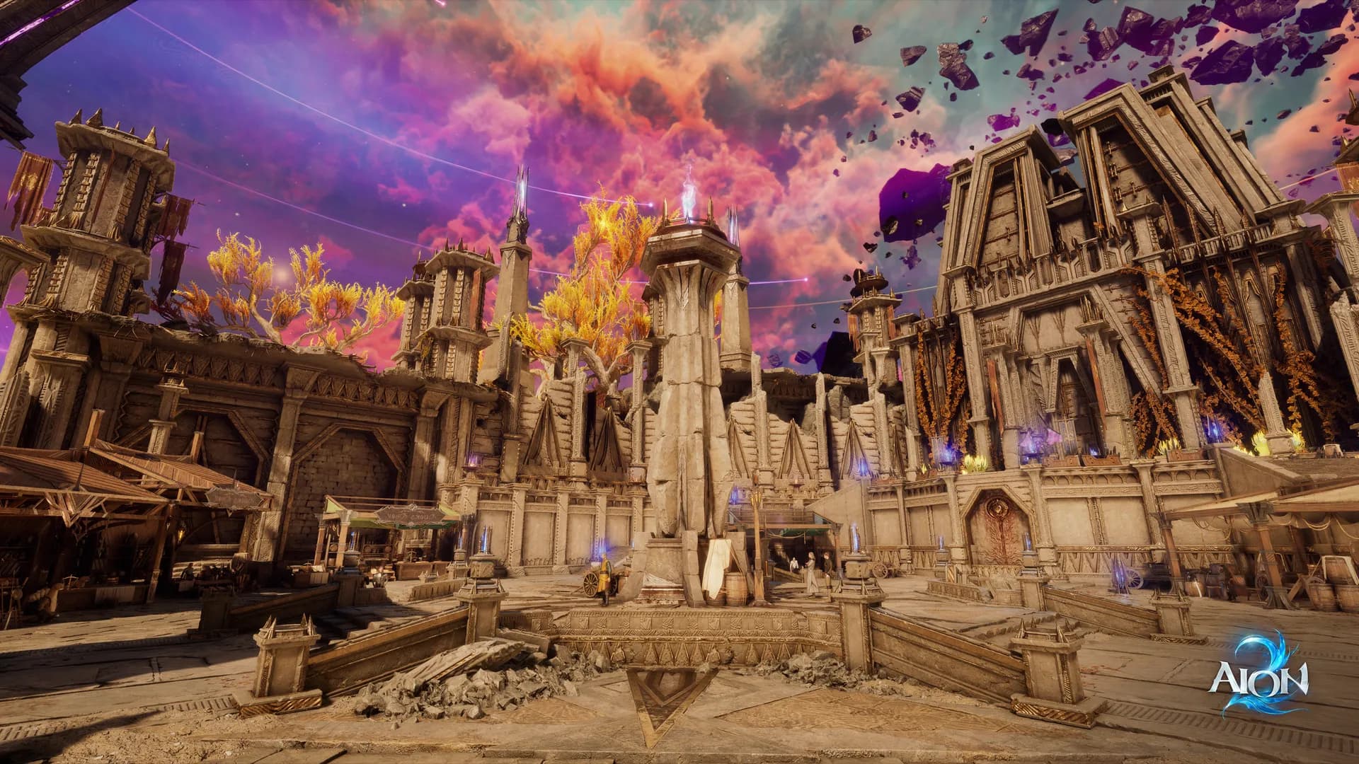 Une grande cité d’AION 2 sous un ciel violet