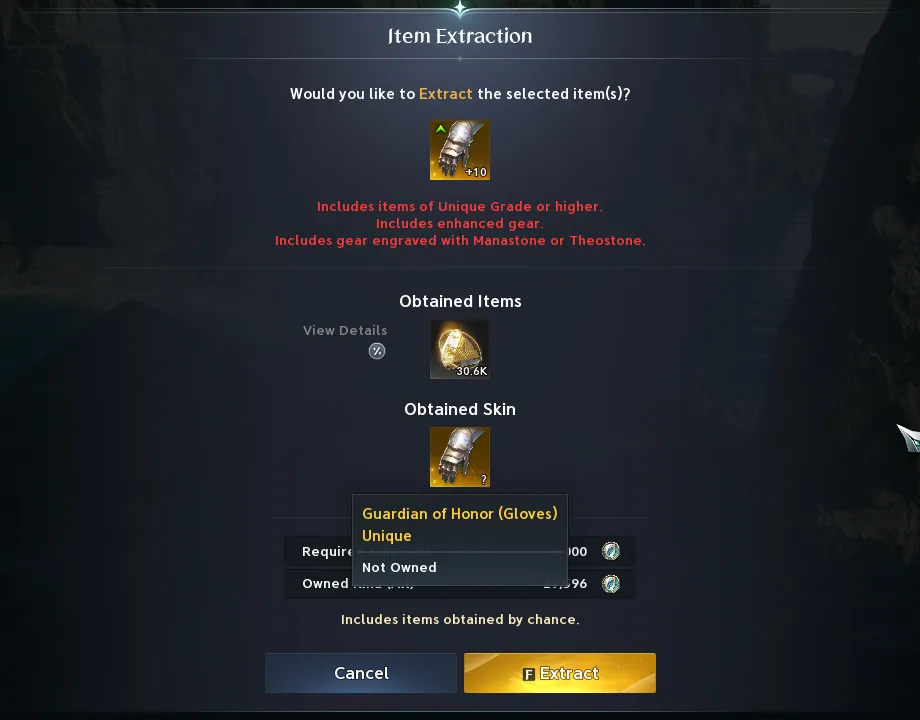 Confirmation d’extraction de gants avec une chance d’obtenir leur apparence
