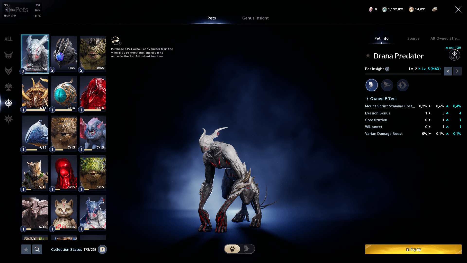 Interface de collection avec le Drana Predator sélectionné