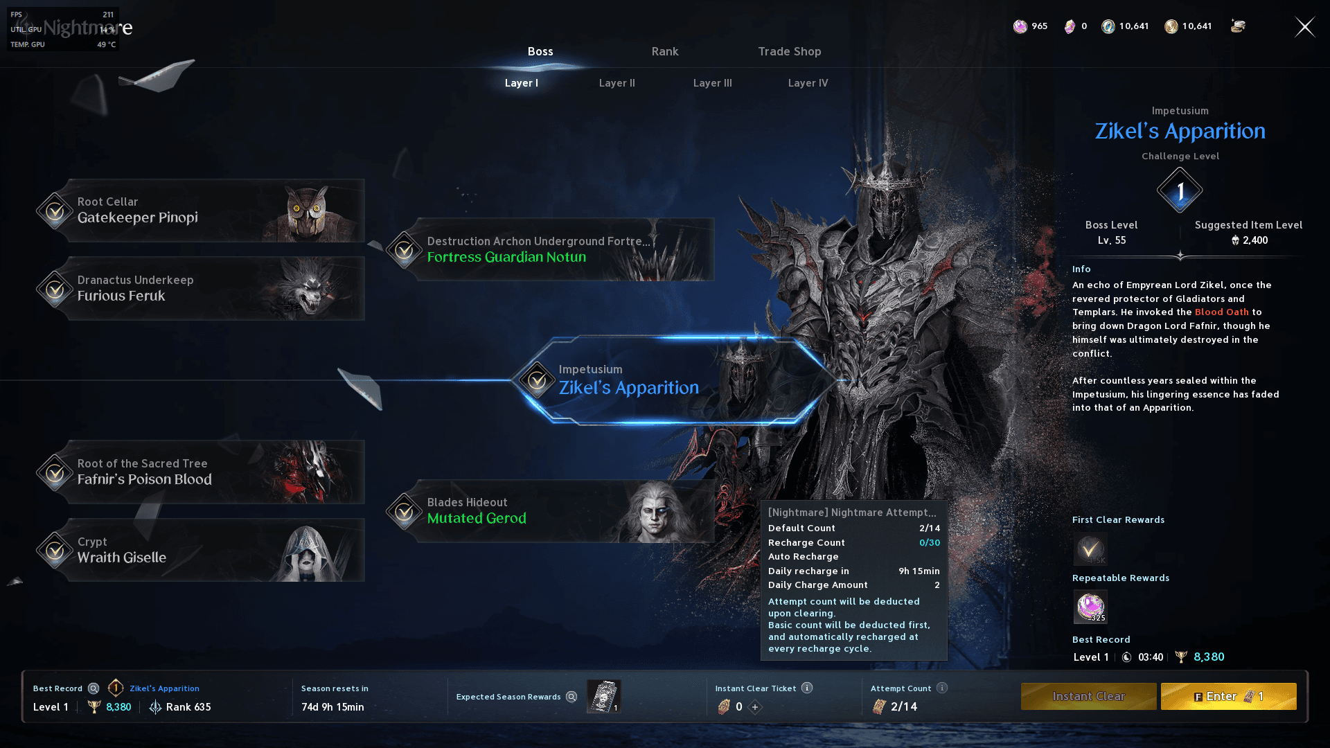 Interface complète de la première strate du Donjon du Cauchemar