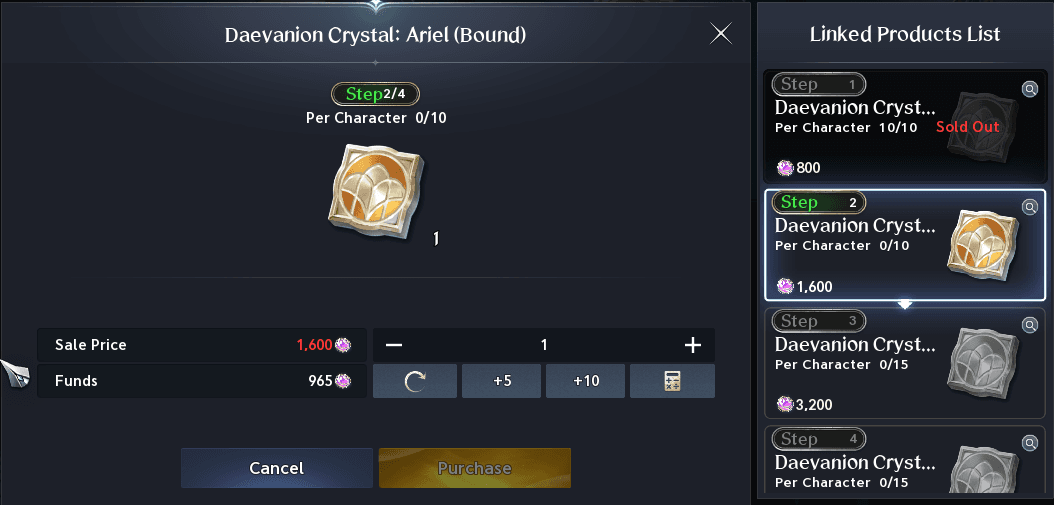 Étapes d’achat d’un Cristal de Daevanion d’Ariel