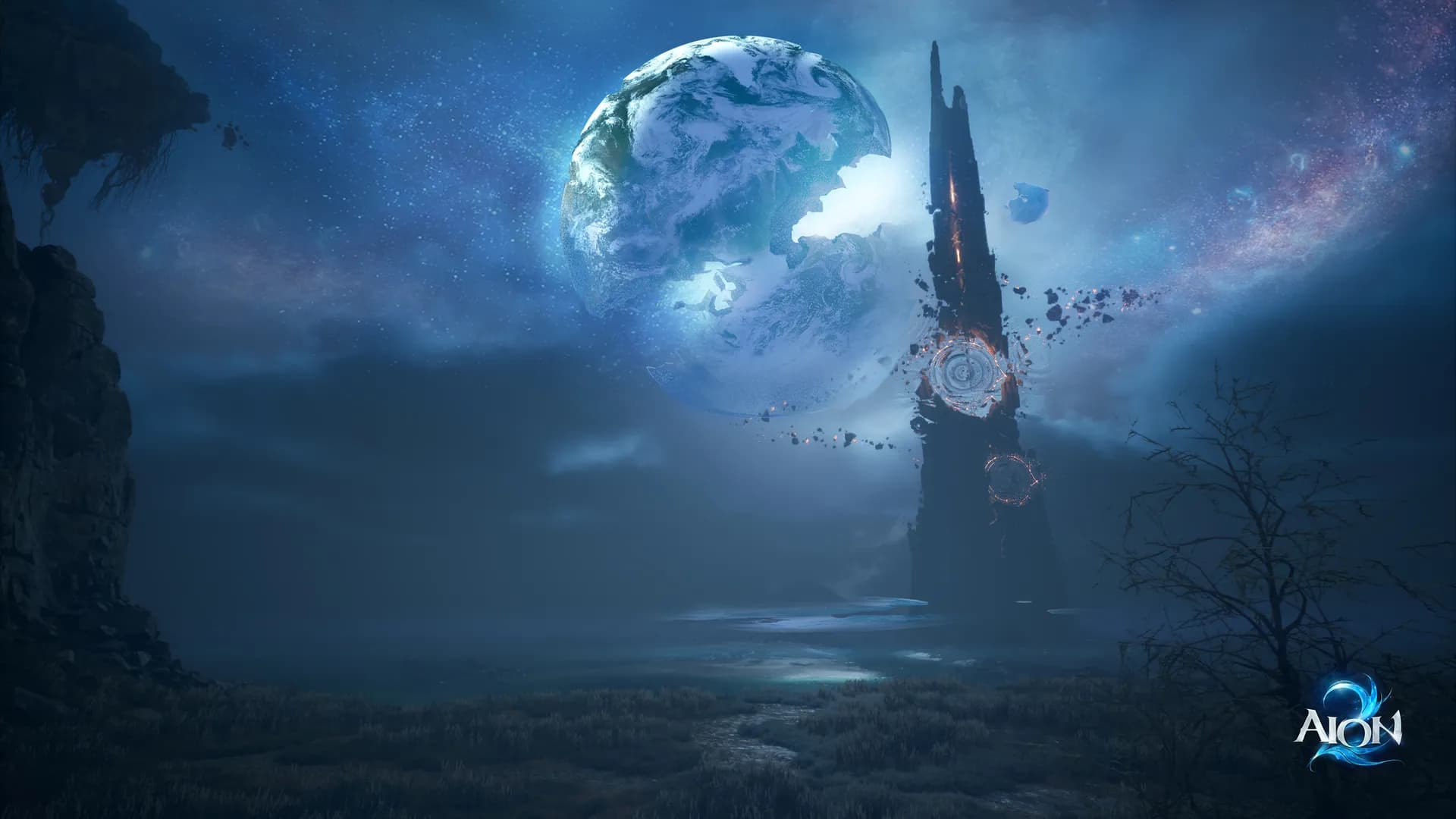 The world of Atreia under a night sky