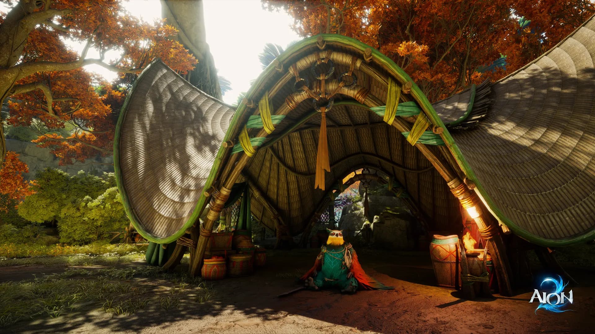 A pet waiting under a large tent in AION 2