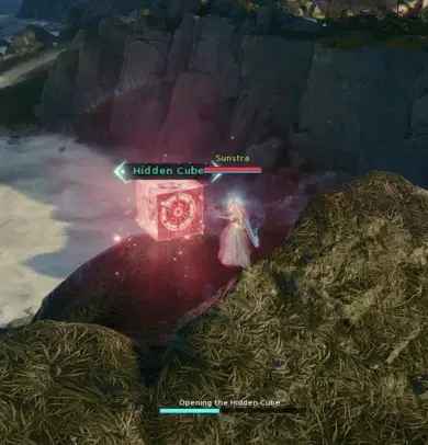 Animation d’un personnage en train d’ouvrir un cube caché rouge